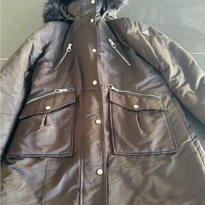 Guess Women's black Parka Coat with faux fur hood